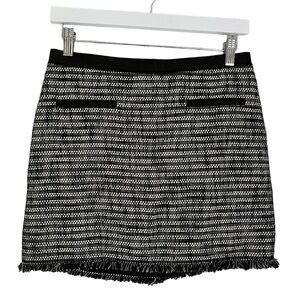 Rebecca Taylor Lamb Leather Trim Linen Tweed Fringe Mini Skirt Grey Black Size 4